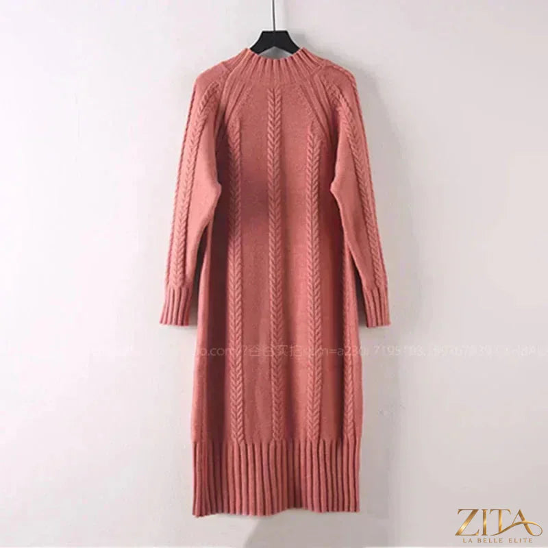 Zita La Belle Elite women's velvet midi sweater dress with mock neck and rib knit texture, suitable for winter.