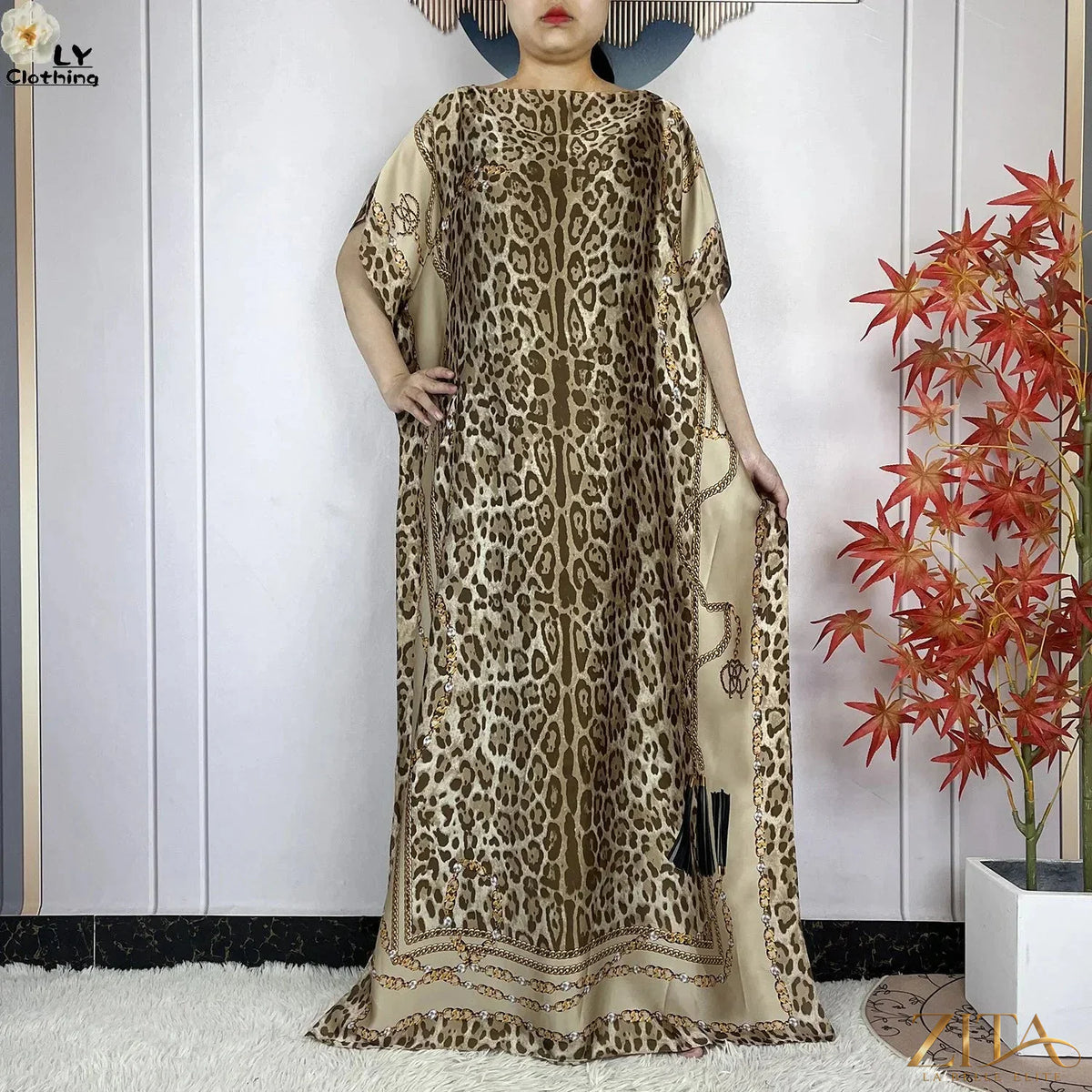 Women’s printed silk loose maxi summer dress with belt and turban by Zita La Belle Elite, featuring vibrant floral pattern and flowing fabric.