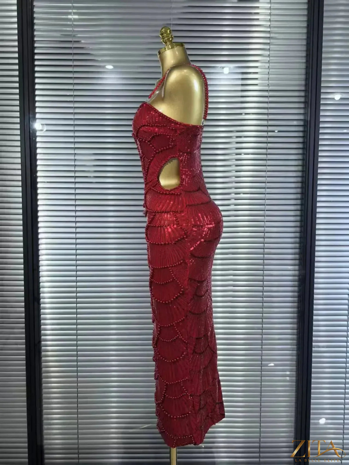 Zita La Belle Elite pearl beaded sleeveless Christmas dress, bodycon party gown with intricate beadwork and festive style.