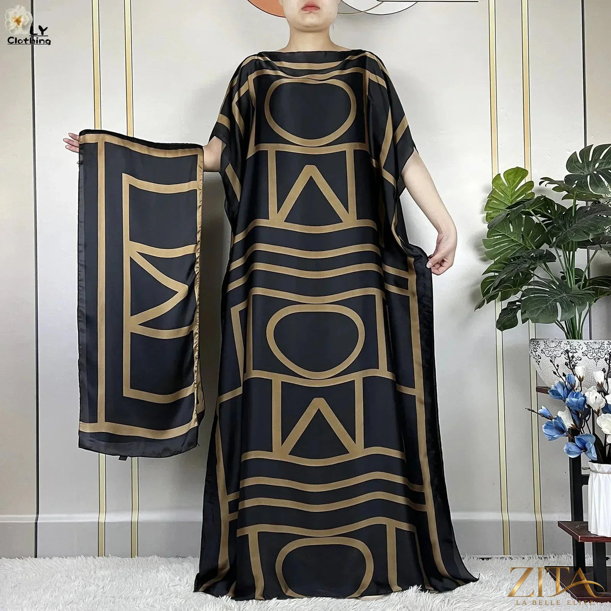 Women’s printed silk loose maxi summer dress with belt and turban by Zita La Belle Elite, featuring a soft, flowing design.