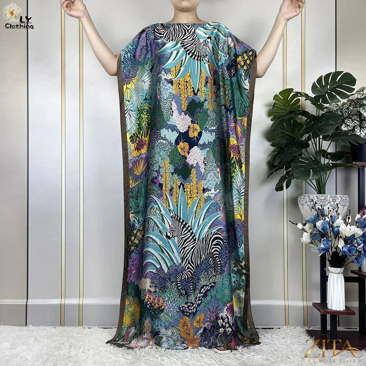 Women’s printed silk loose maxi summer dress with belt and turban from Zita La Belle Elite, featuring a soft, flowing design and vibrant pattern.