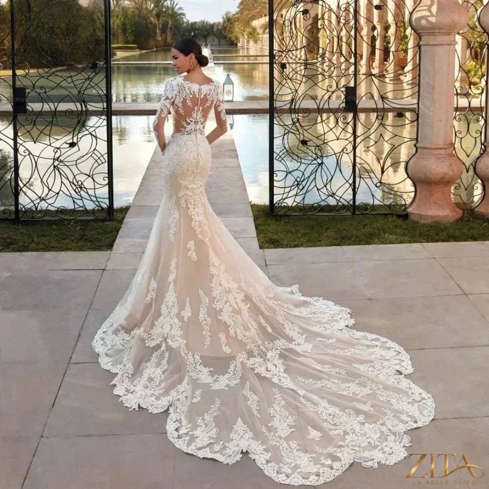 Boho Mermaid wedding dress by Zita La Belle Elite featuring long lace sleeves and customizable fit, ideal for bridal attire.