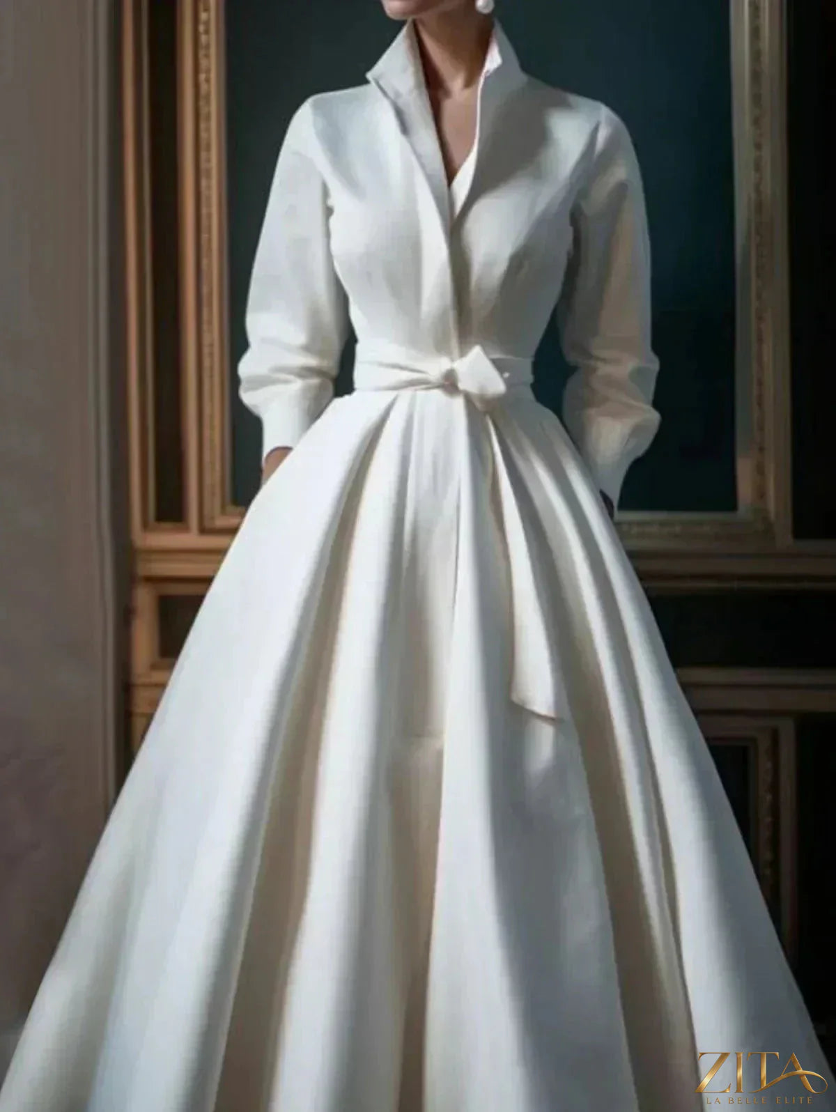 Zita La Belle Elite stand collar belted midi shirt dress displayed on a hanger with button details and a flowing fabric.