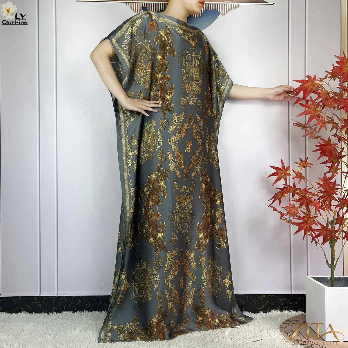 Women’s printed silk maxi summer dress with belt and turban, loose fit, elegant party style by Zita La Belle Elite.