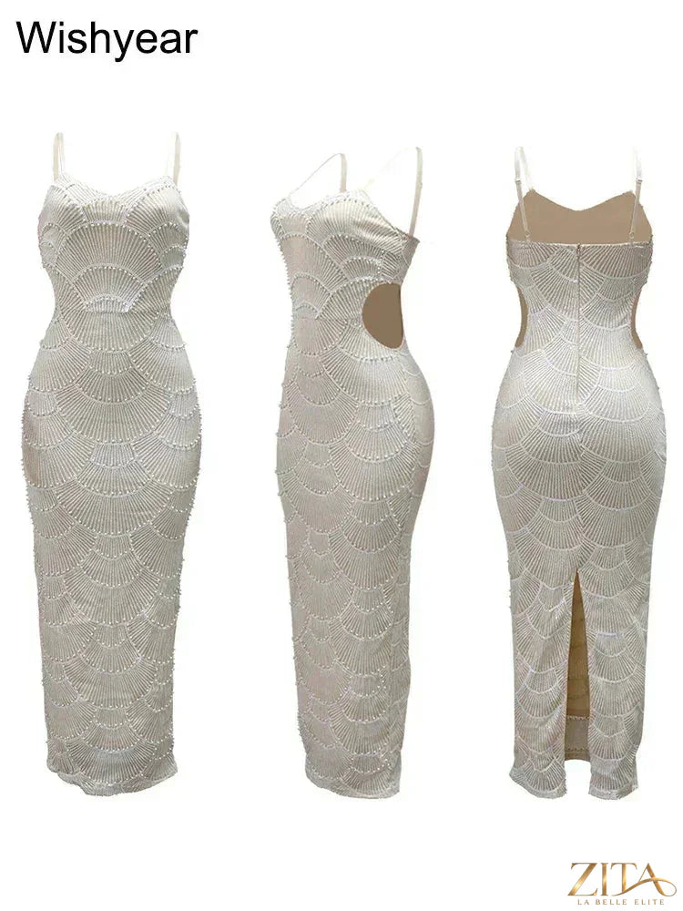 Women’s sequin backless spaghetti strap mermaid evening gown by Zita La Belle Elite, featuring a fitted silhouette and elegant design.