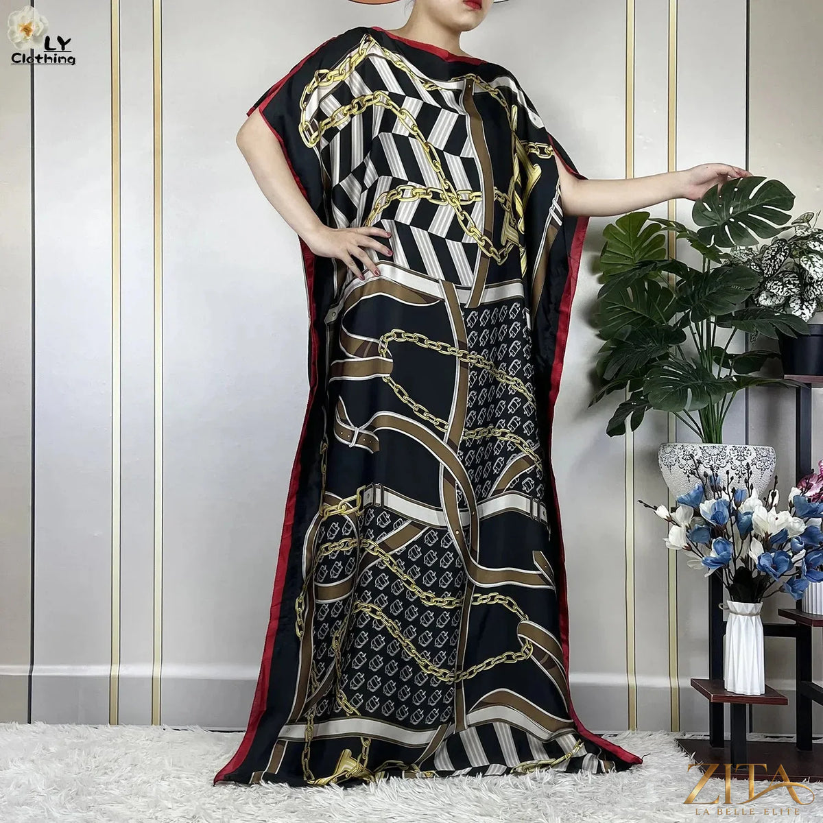 Women’s printed silk loose maxi summer dress with belt and turban, by Zita La Belle Elite, featuring vibrant floral pattern and flowing silhouette.