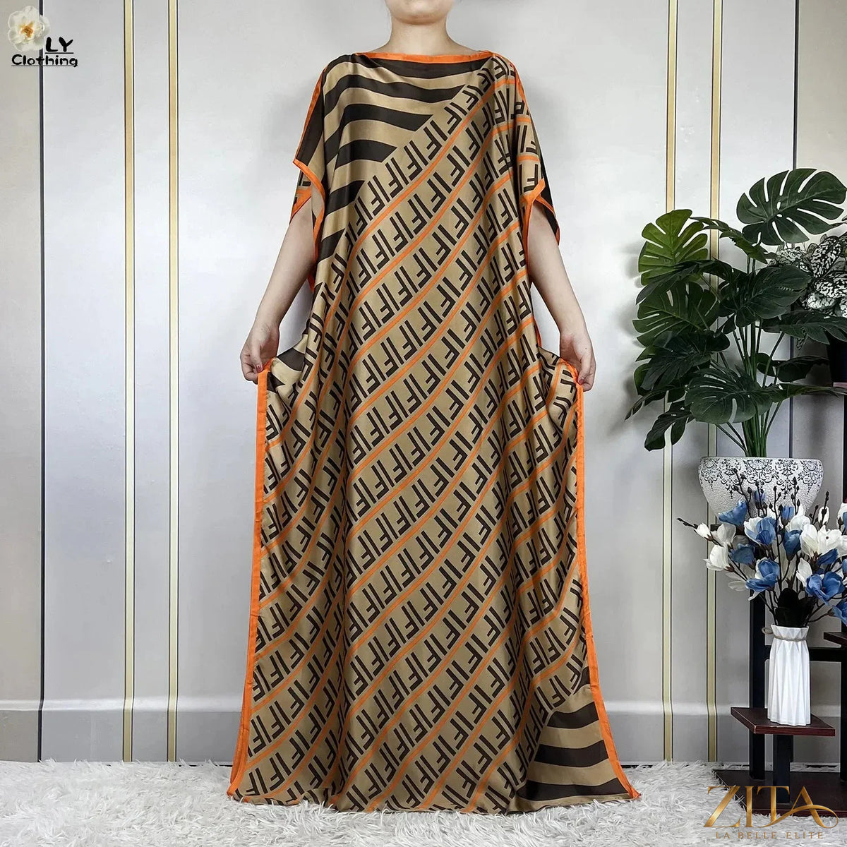 Women’s printed silk loose maxi summer dress with belt and turban, by Zita La Belle Elite, featuring vibrant floral patterns.
