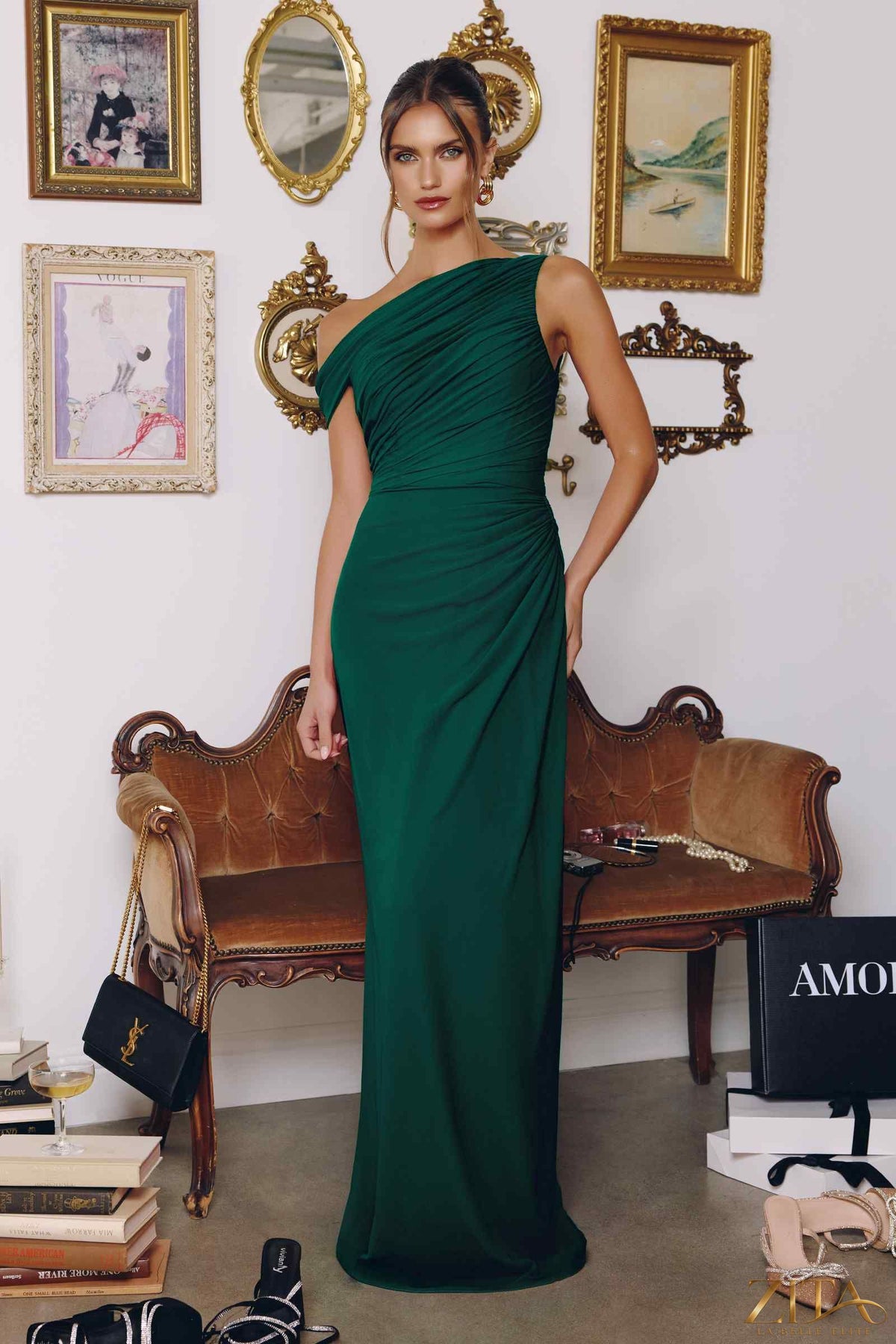 Emerald one-shoulder chiffon formal gown by Zita La Belle Elite, front view showcasing elegant draping and flowing fabric.