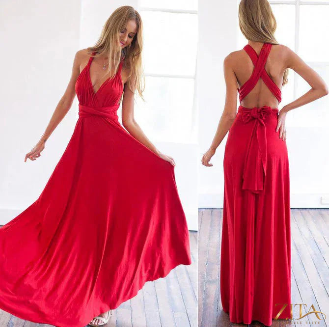 Red multi-rope bandage evening dress by Zita La Belle Elite, form-fitting long dress for women with a sexy, stunning design.
