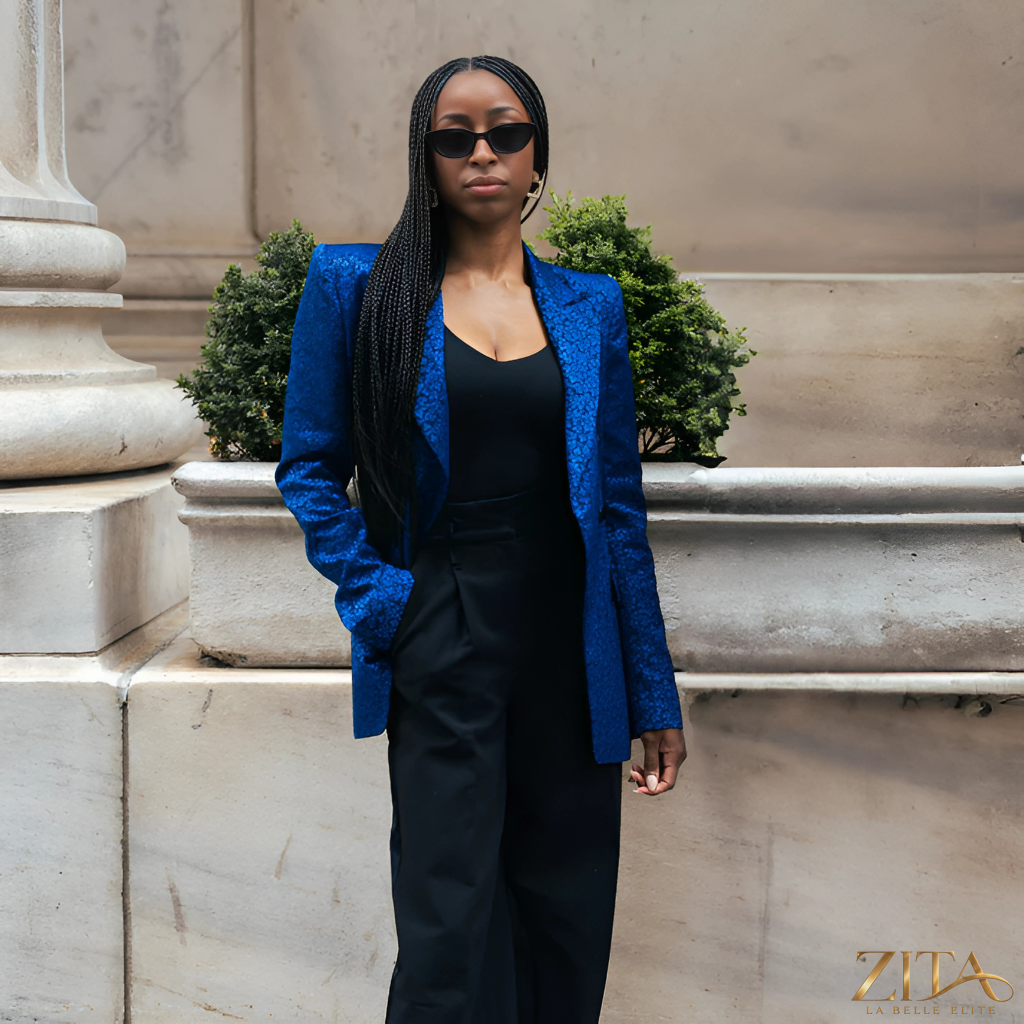 Zita La Belle Elite PREMIER blue blazer displayed on a hanger, showcasing tailored fit and classic style for women.