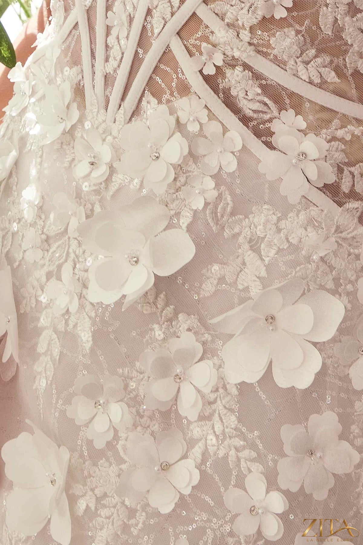 Off-white strapless midi bridal dress by Zita La Belle Elite featuring a deep sweetheart neckline and elegant fit.