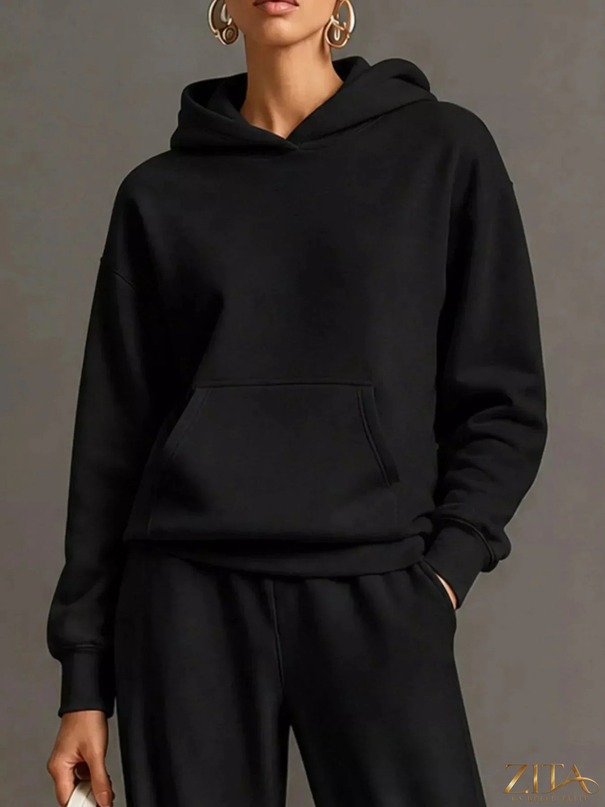 Zita La Belle Elite kangaroo pocket hoodie and matching pants set, soft fabric, casual two-piece loungewear for comfortable style.