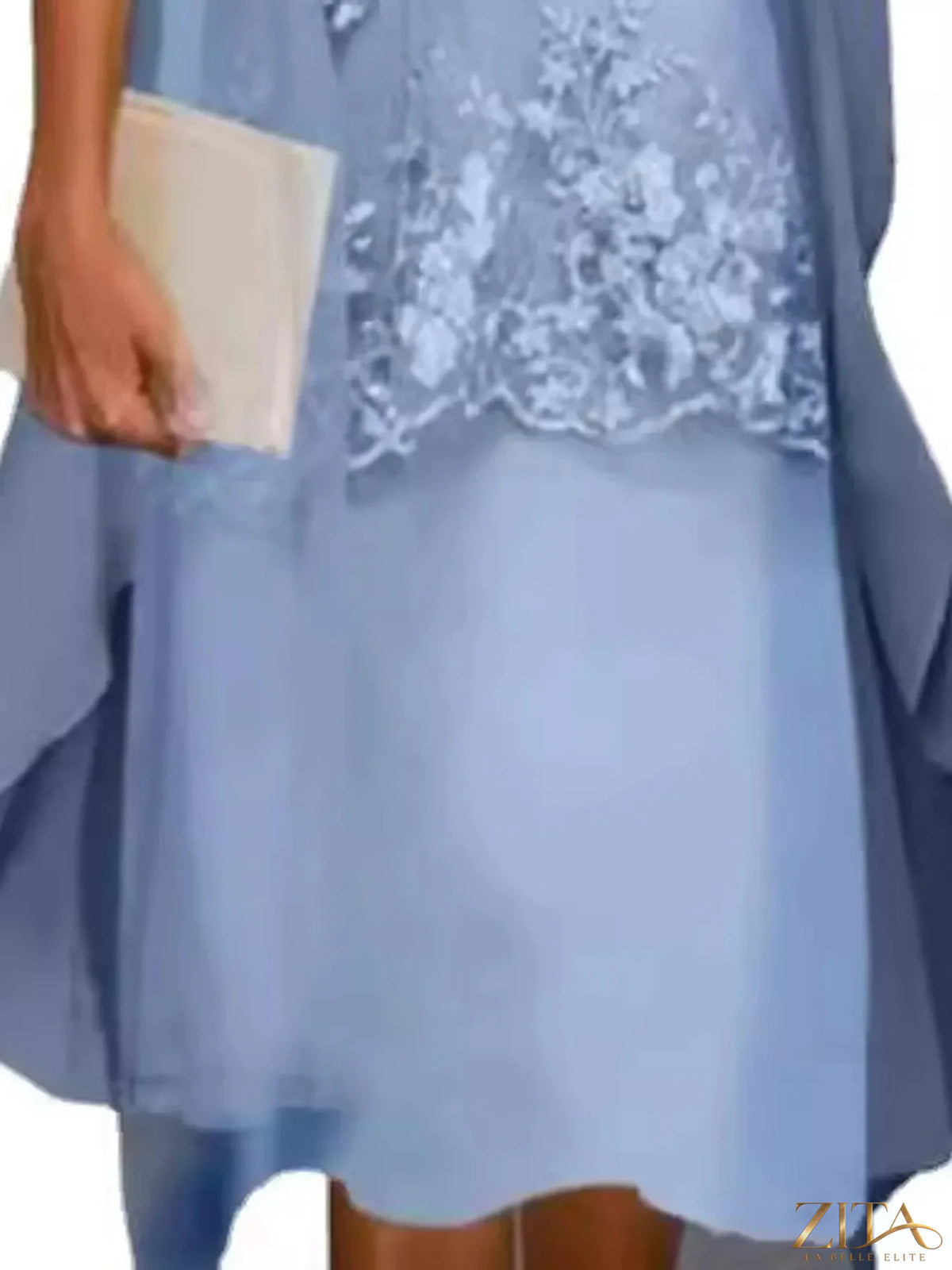 Plus size elegant lace overlay dress with matching chiffon cardigan by Zita La Belle Elite, displayed on a hanger.