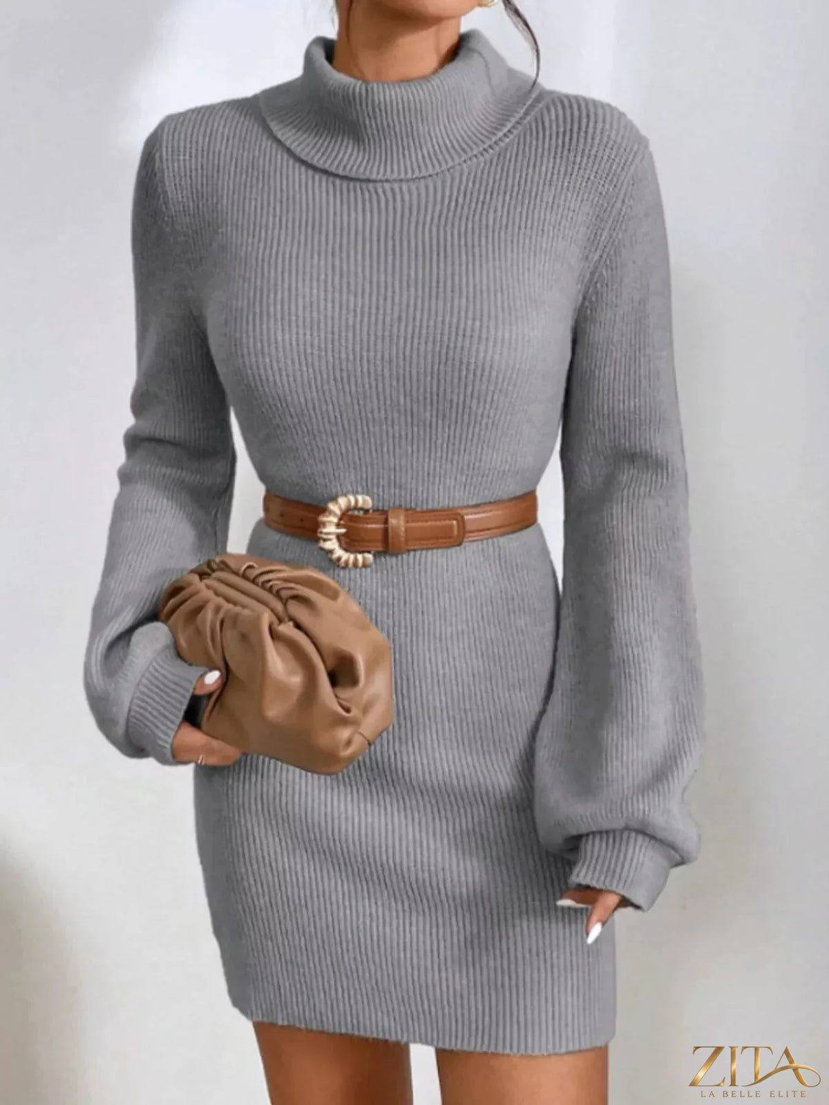Ribbed knit turtleneck sweater dress from Trendsi featuring a fitted silhouette and cozy long sleeves, perfect for fall and winter wear.