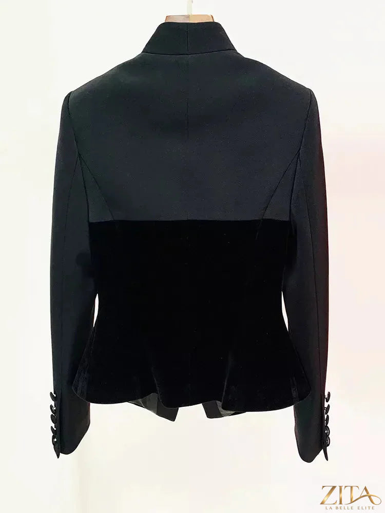 Velvet-paneled blazer with stand-up collar by Zita La Belle Elite, featuring a tailored fit and stylish design.