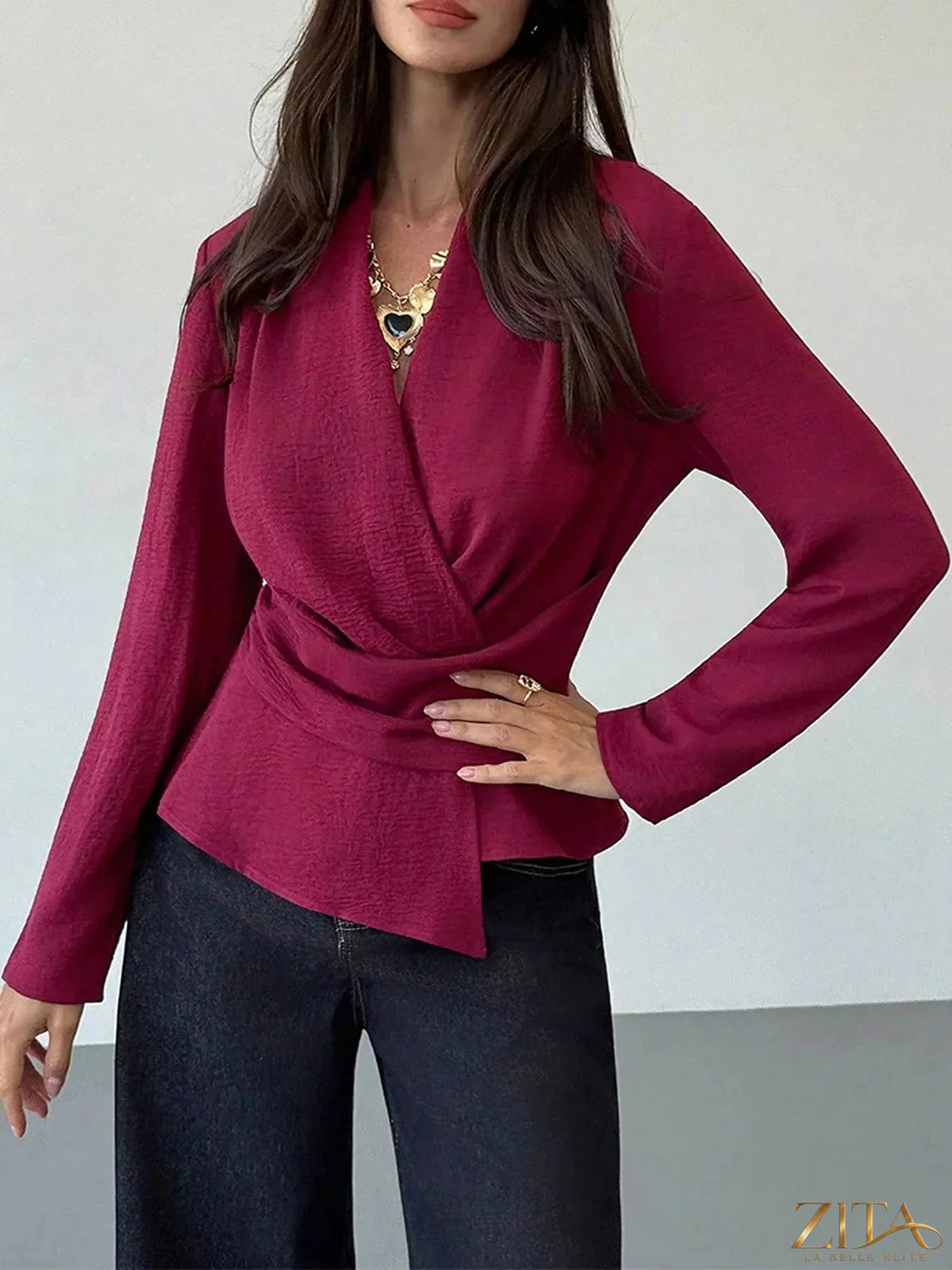 Zita La Belle Elite wrap-front long sleeve blouse in soft fabric, featuring a stylish V-neck and elegant long sleeves.