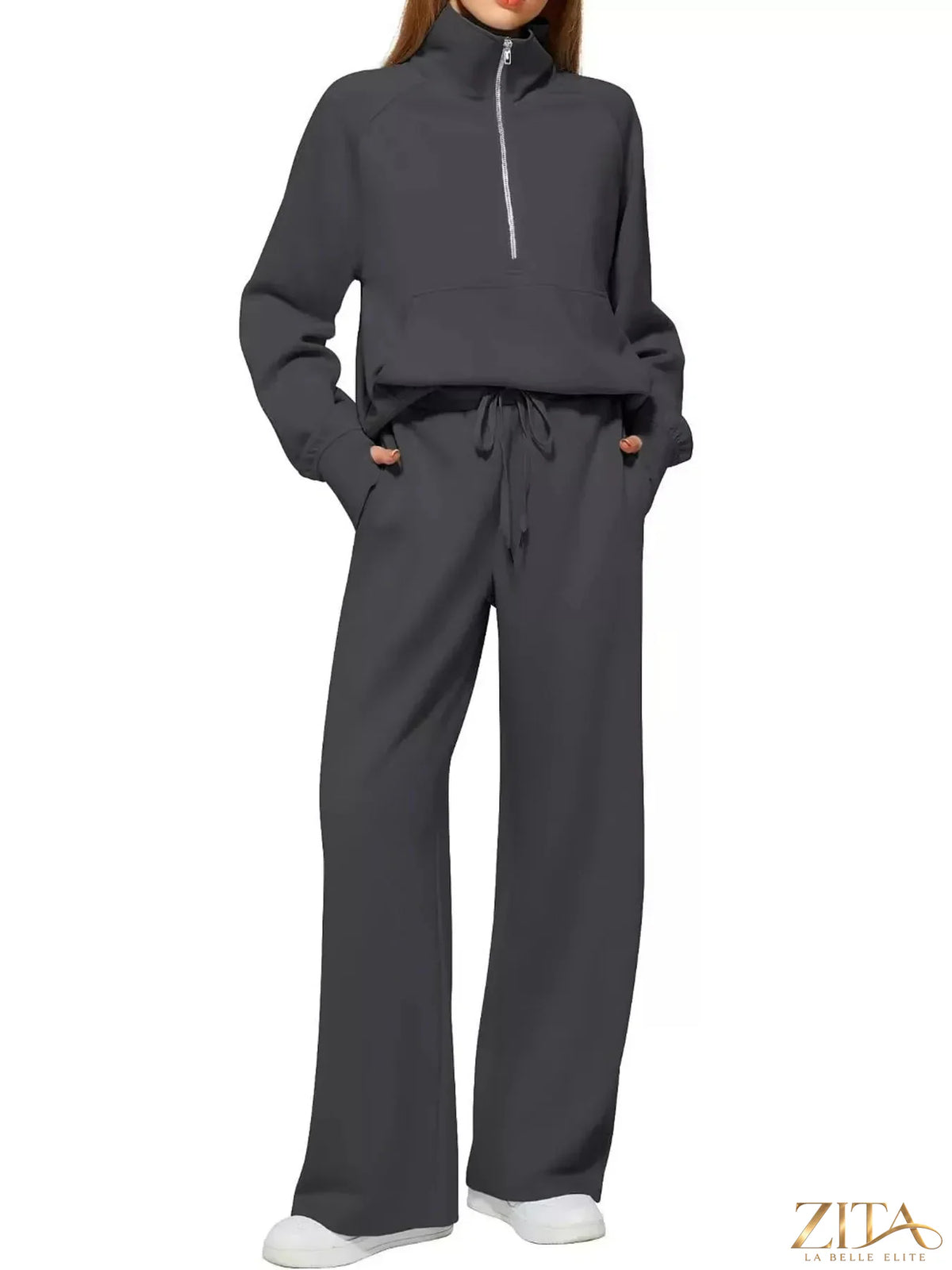 Zita La Belle Elite half-zip sweatshirt and wide-leg pants set, soft fabric, stylish casual loungewear in neutral tones