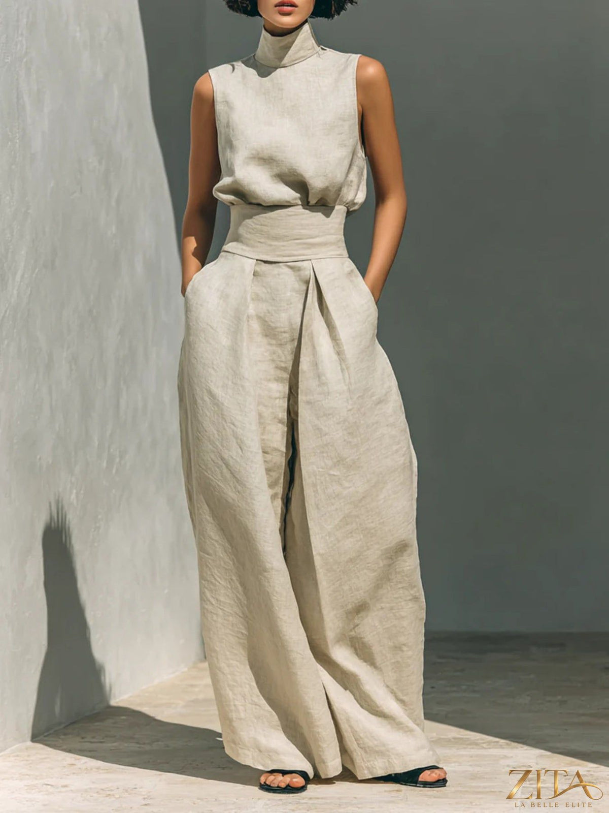 Zita La Belle Elite sleeveless turtleneck top and matching pants set in a stylish, fitted design, shown in a neutral color.