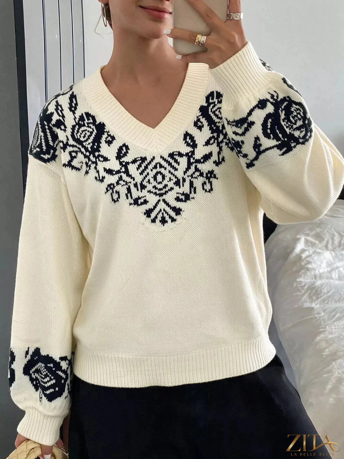 Zita La Belle Elite floral dropped shoulder sweater in soft knit with colorful floral pattern and relaxed fit.