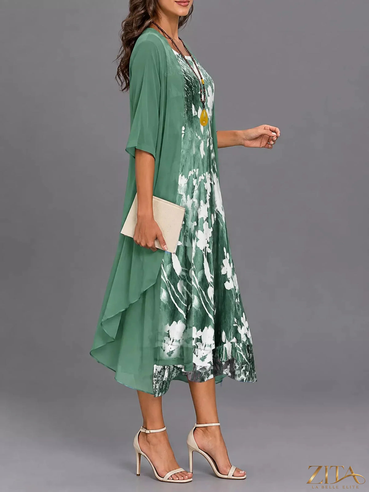 Plus size floral print midi dress with chiffon cardigan from Zita La Belle Elite, showcasing the elegant full-length outfit.