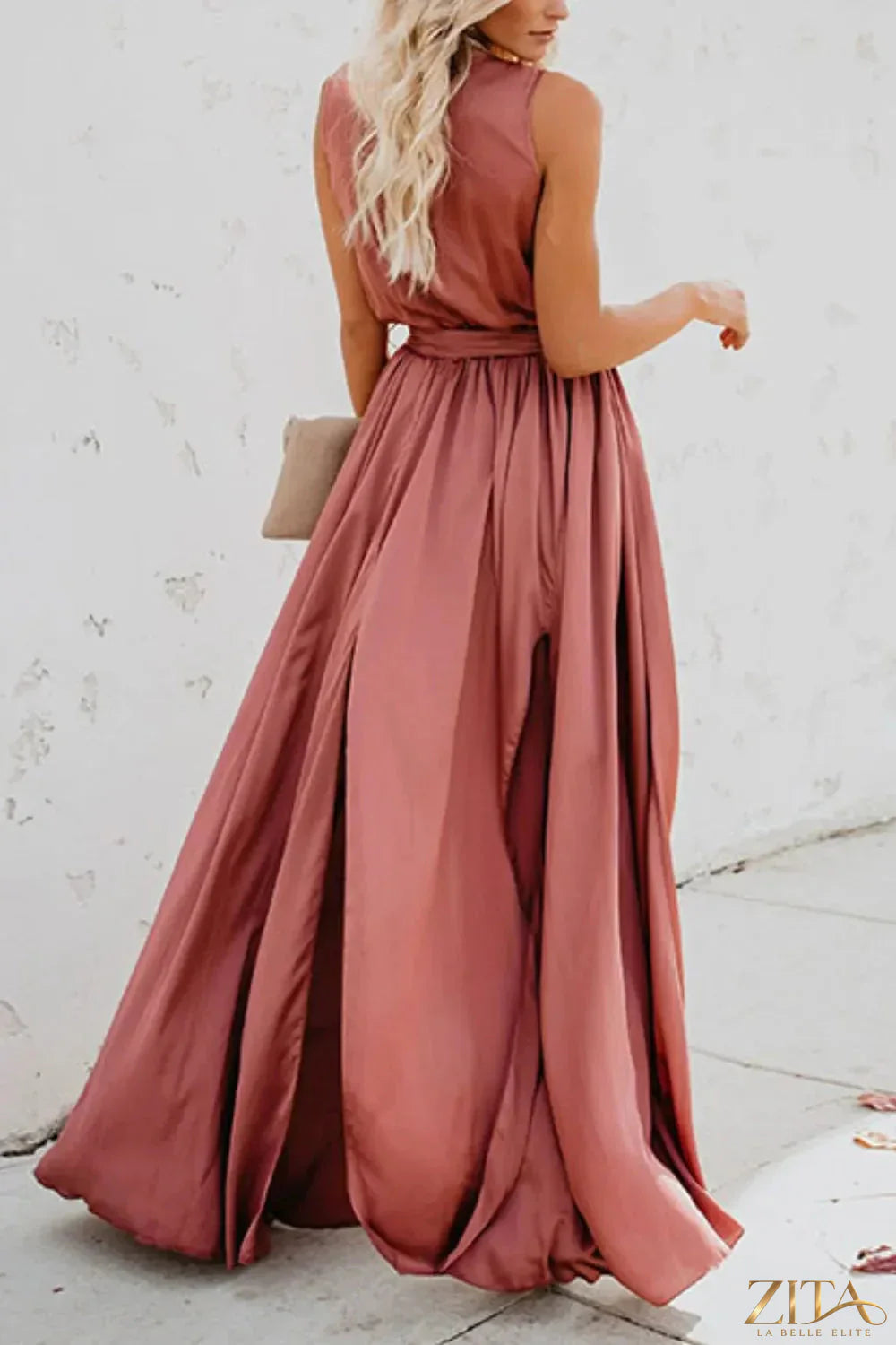 Zita La Belle Elite surplice tie waist maxi dress in flowing fabric with V neckline and elegant silhouette.