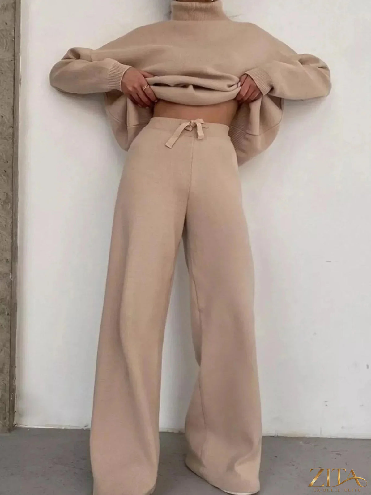 Plus size Trendsi turtleneck long sleeve top and pants sweater set, cozy and stylish, shown in a full view with soft fabric texture.