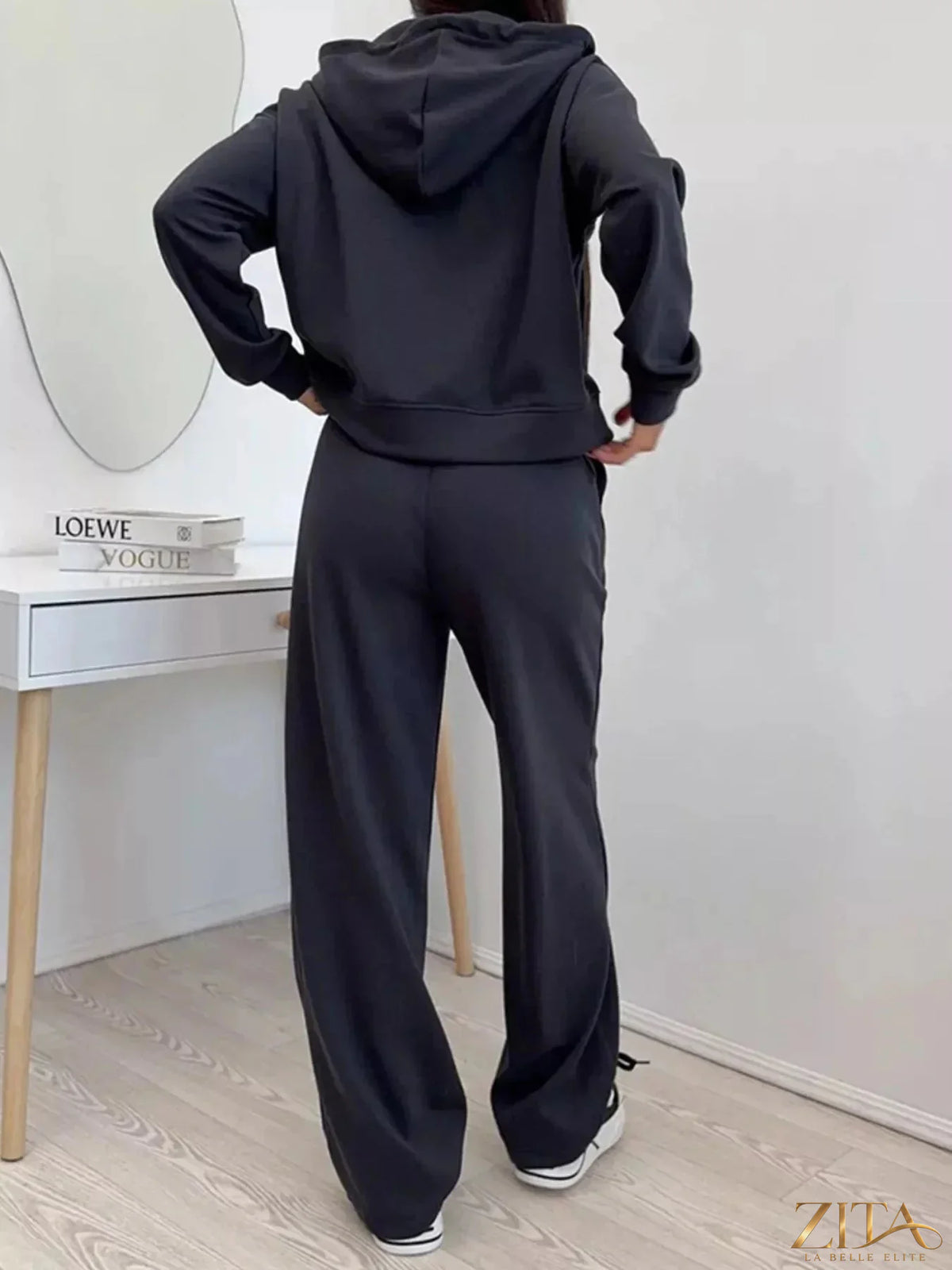 Zita La Belle Elite zip-up hoodie and wide-leg pants set in soft fabric, displayed on a neutral background.