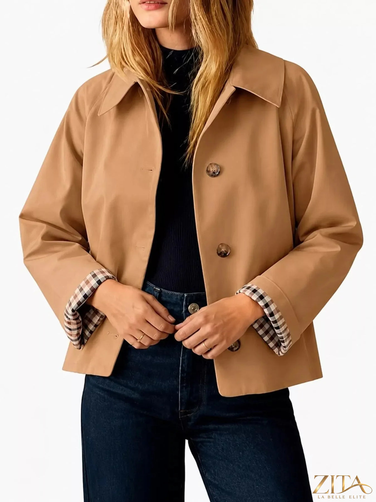 Zita La Belle Elite plaid cuffs cropped trench coat with stylish outerwear featuring a classic plaid pattern and tailored fit.