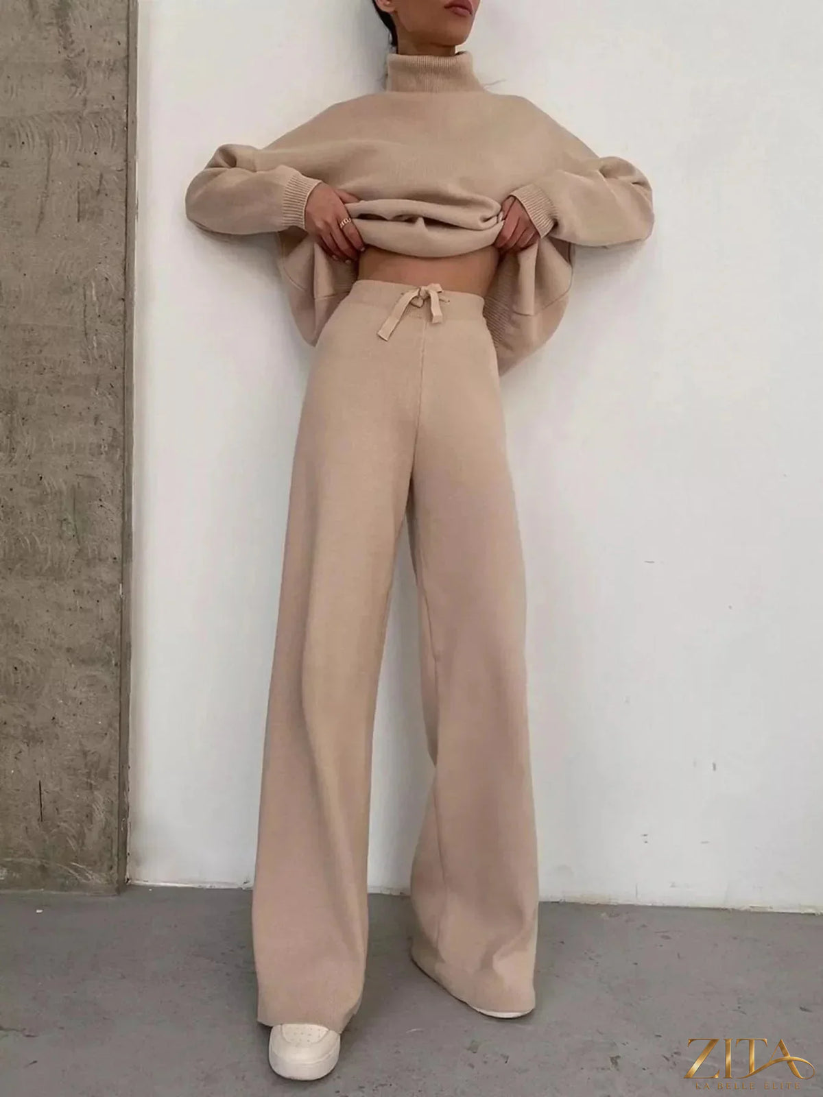 Plus size Trendsi turtleneck long sleeve sweater top and pants set, cozy and stylish for cold weather.