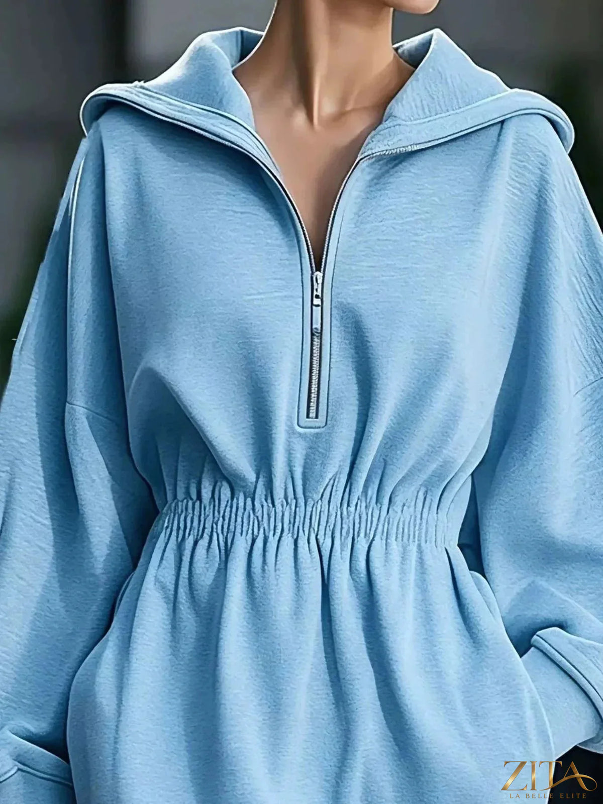 Zita La Belle Elite casual hooded quarter-zip sweatshirt dress in soft fabric, featuring a hood and relaxed fit.