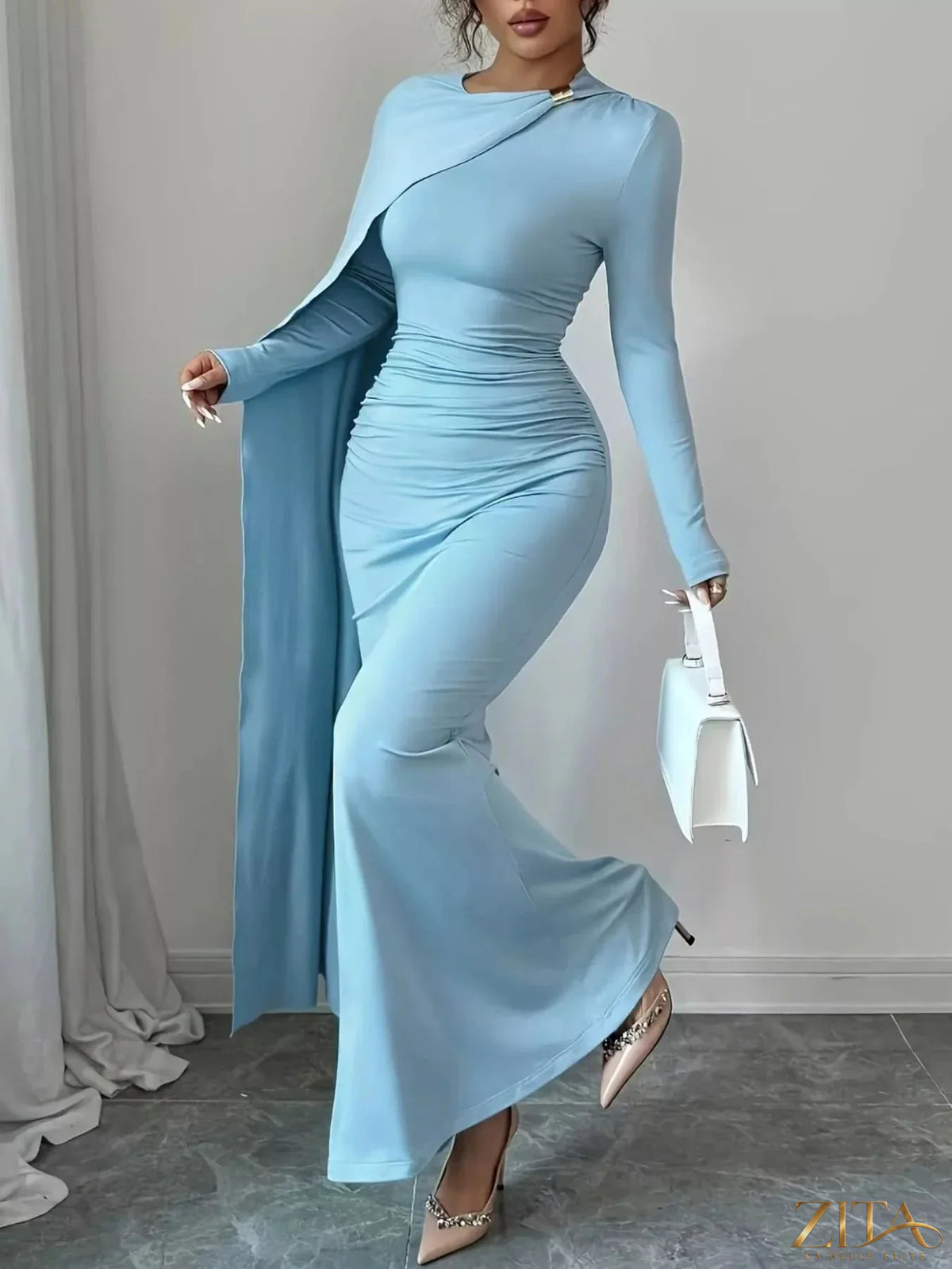Zita La Belle Elite ruched long sleeve maxi dress in elegant fabric, featuring a fitted bodice and flowing skirt.