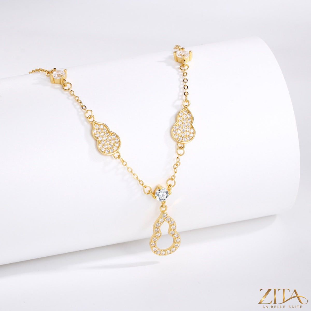 925 Sterling silver zircon gourd necklace with intricate design, crafted by Zita La Belle Elite, featuring sparkling zircon stones.