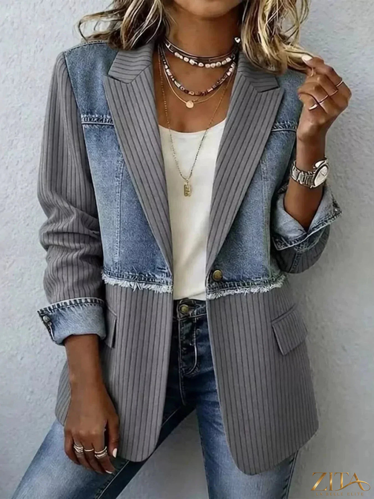 Plus size patchwork denim blazer by Zita La Belle Elite featuring ribbed details and a full size fit on a model.