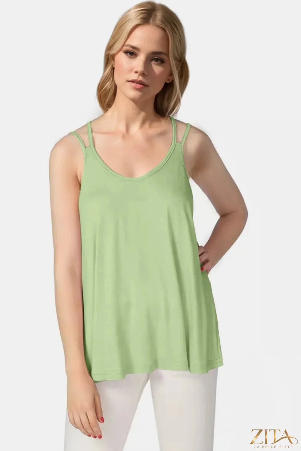 Zita La Belle Elite Basic Bae bamboo cami with scoop neck and double spaghetti straps, white lightweight tank top.