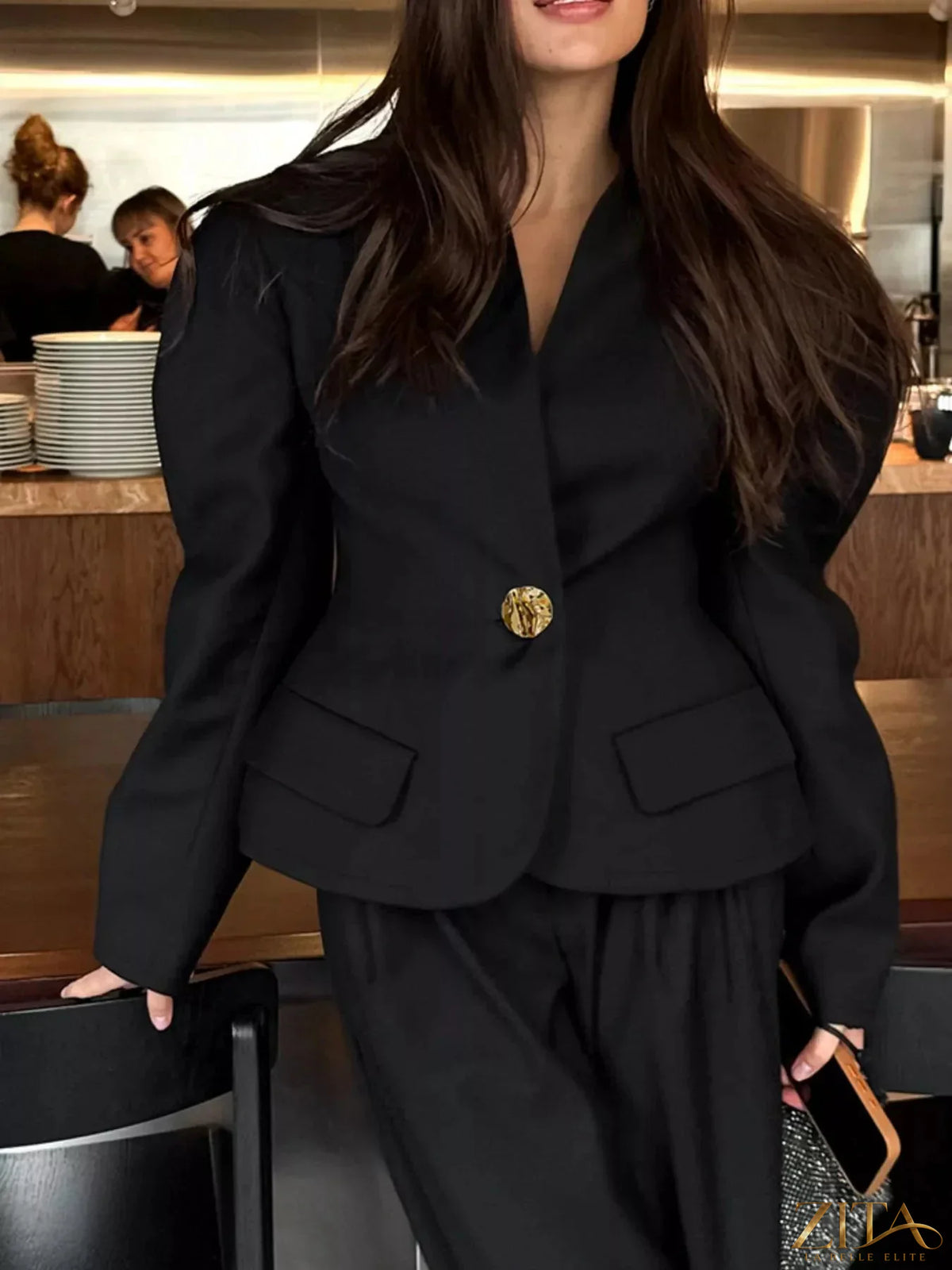 Zita La Belle Elite puffy sleeve blazer and wide-leg pants set, tailored fit, in a stylish, modern design with clean lines and elegant fabric