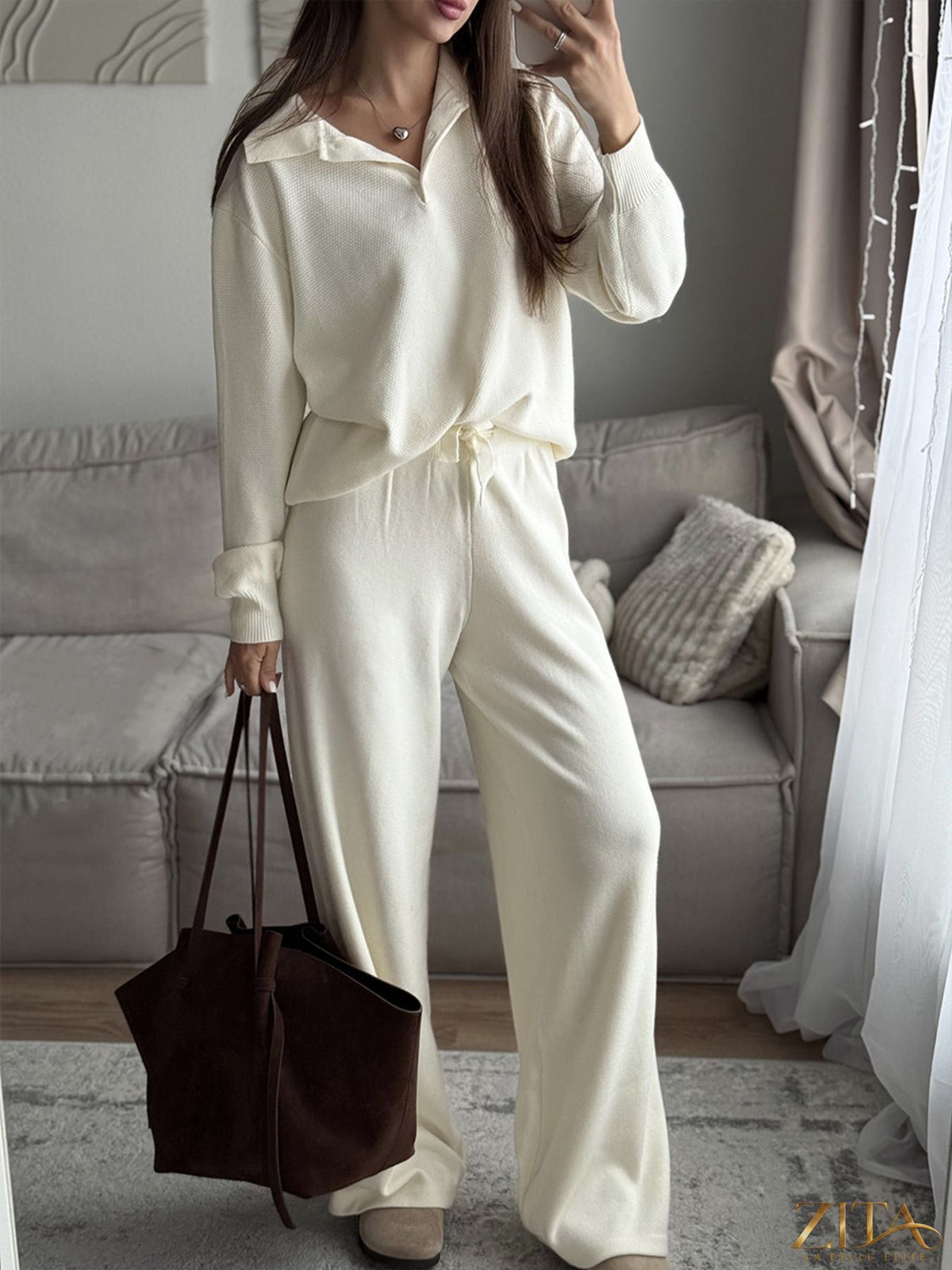 Zita La Belle Elite polo collar knit top with matching pants or skirt, featuring a stylish and comfortable knit fabric.