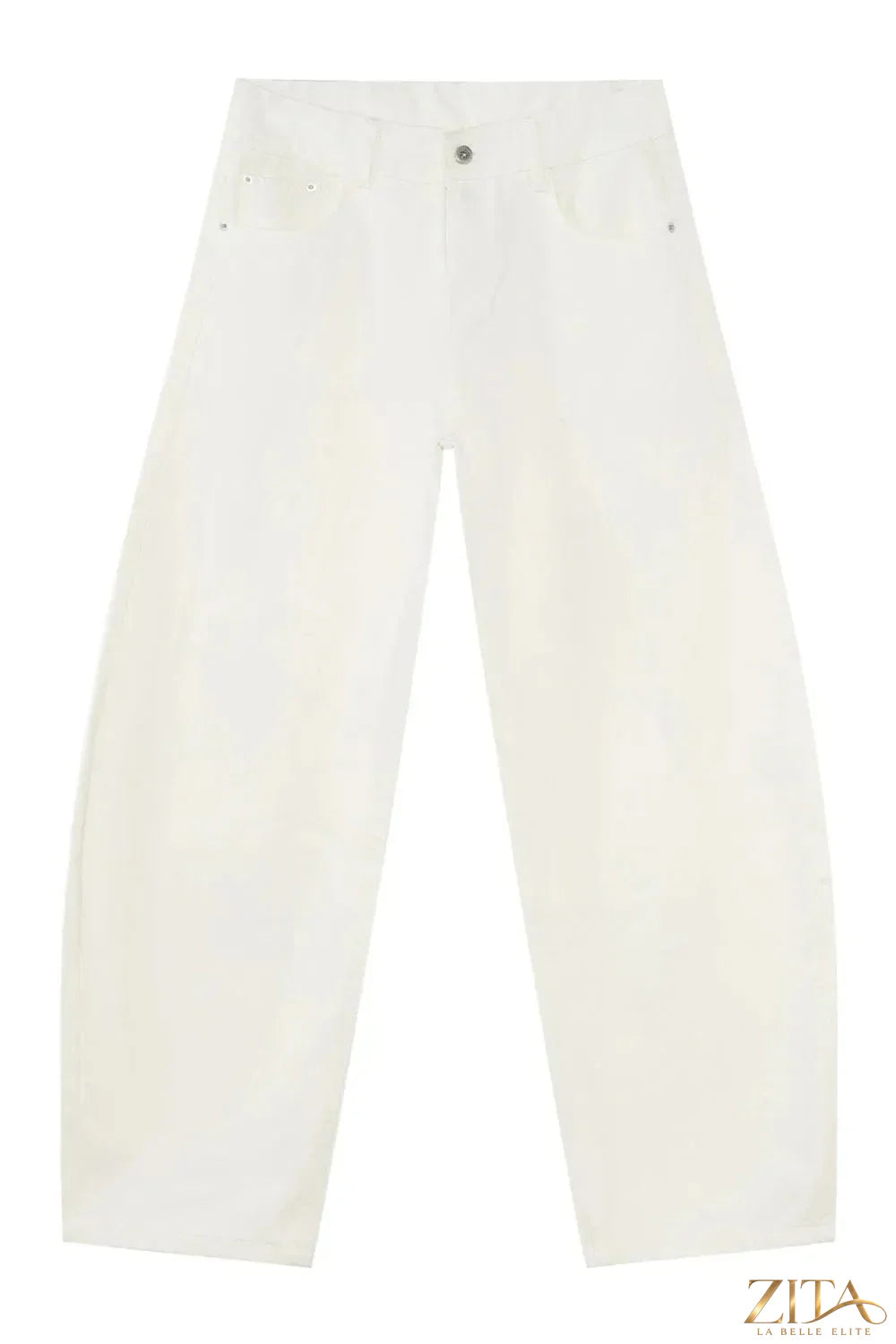 Men's high rise wide leg jeans by Zita La Belle Elite, shown hanging on a rack with a relaxed fit and classic denim wash.