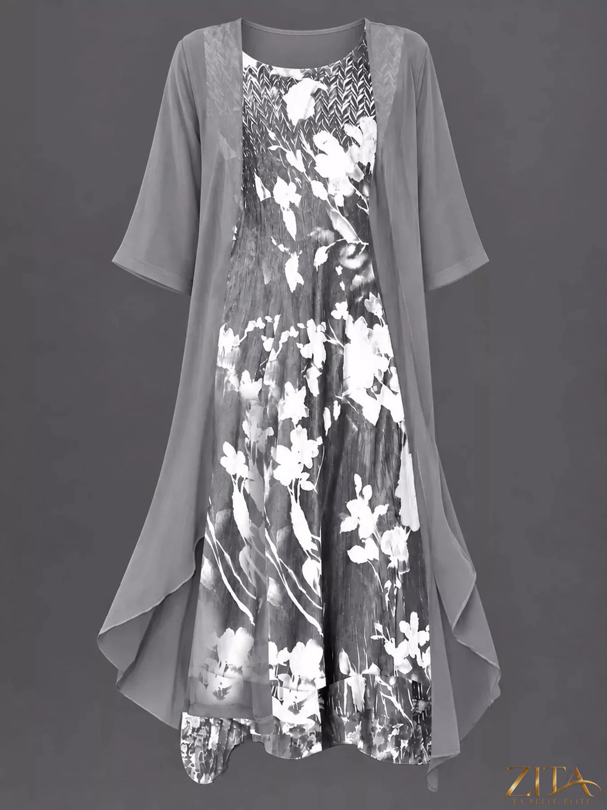 Plus size floral print midi dress and chiffon cardigan set by Zita La Belle Elite, featuring vibrant patterns and lightweight fabric.
