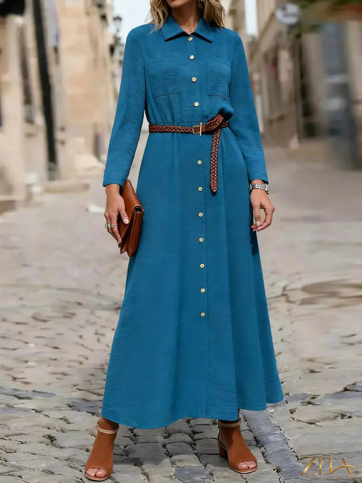 Zita La Belle Elite button-down long sleeve dress in soft fabric, featuring a classic collar and button front, stylish and elegant.