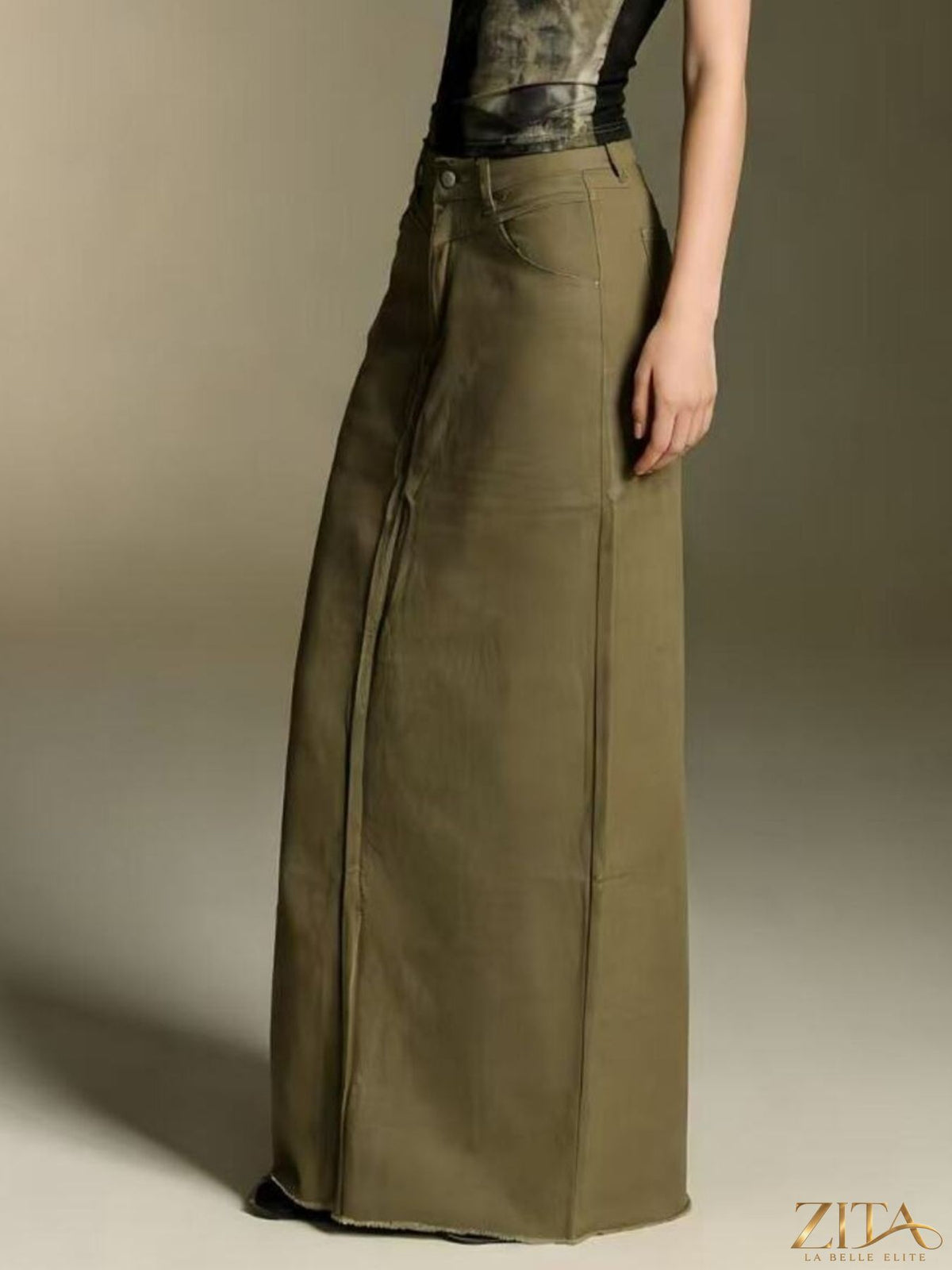 Raw hem maxi denim skirt by Zita La Belle Elite featuring a flowing design and casual style, shown on a model.