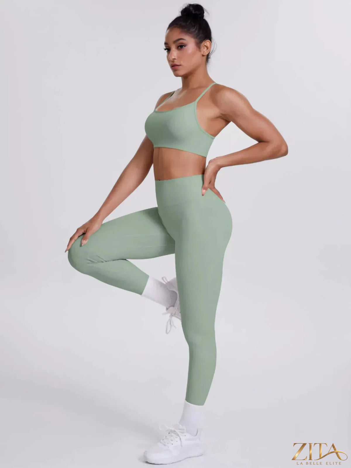 Zita La Belle Elite criss-cross back cami and matching black leggings active set on a model, perfect for workout or athleisure.