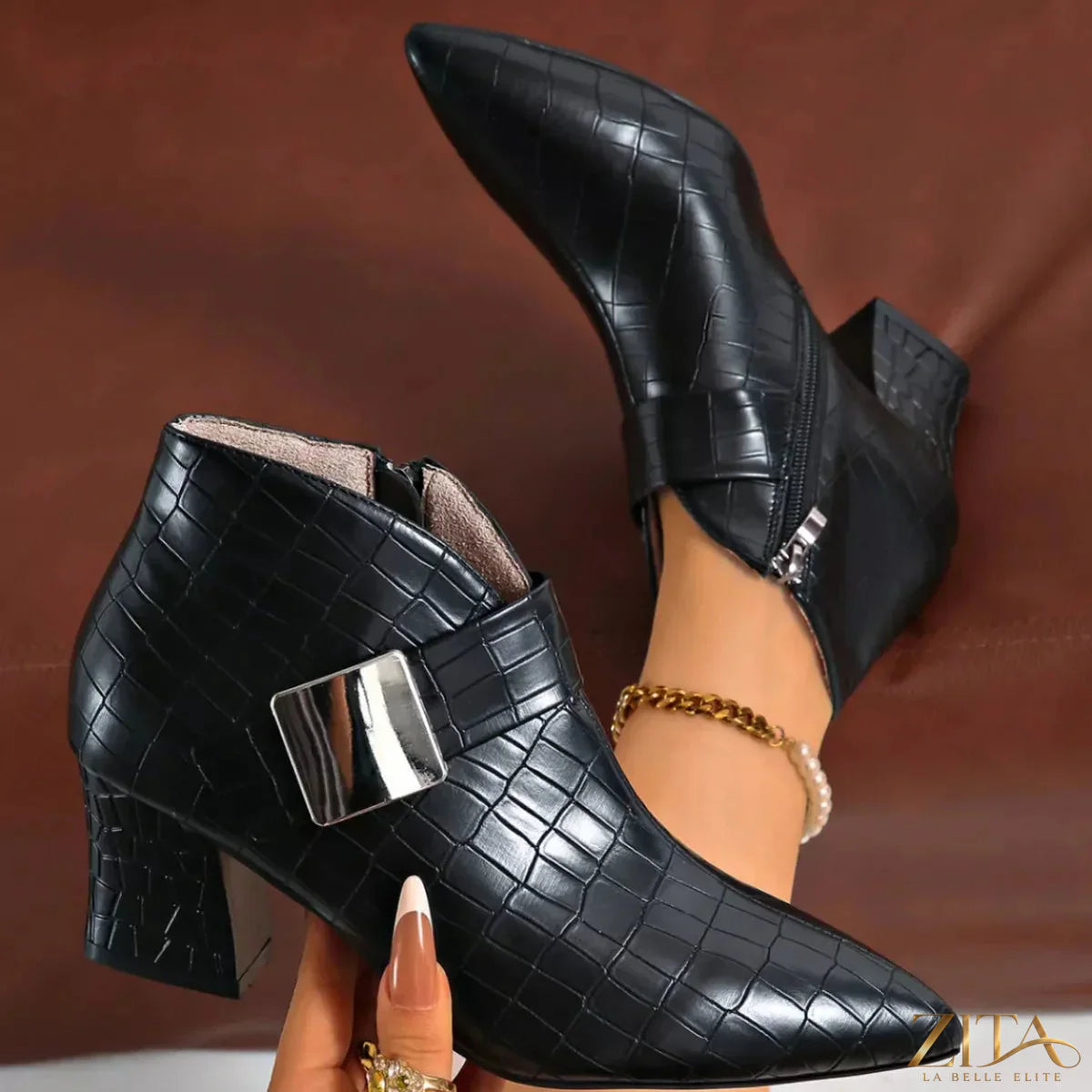 Zita La Belle Elite point toe block heel boots in black leather, featuring sleek design and sturdy heel for stylish wear