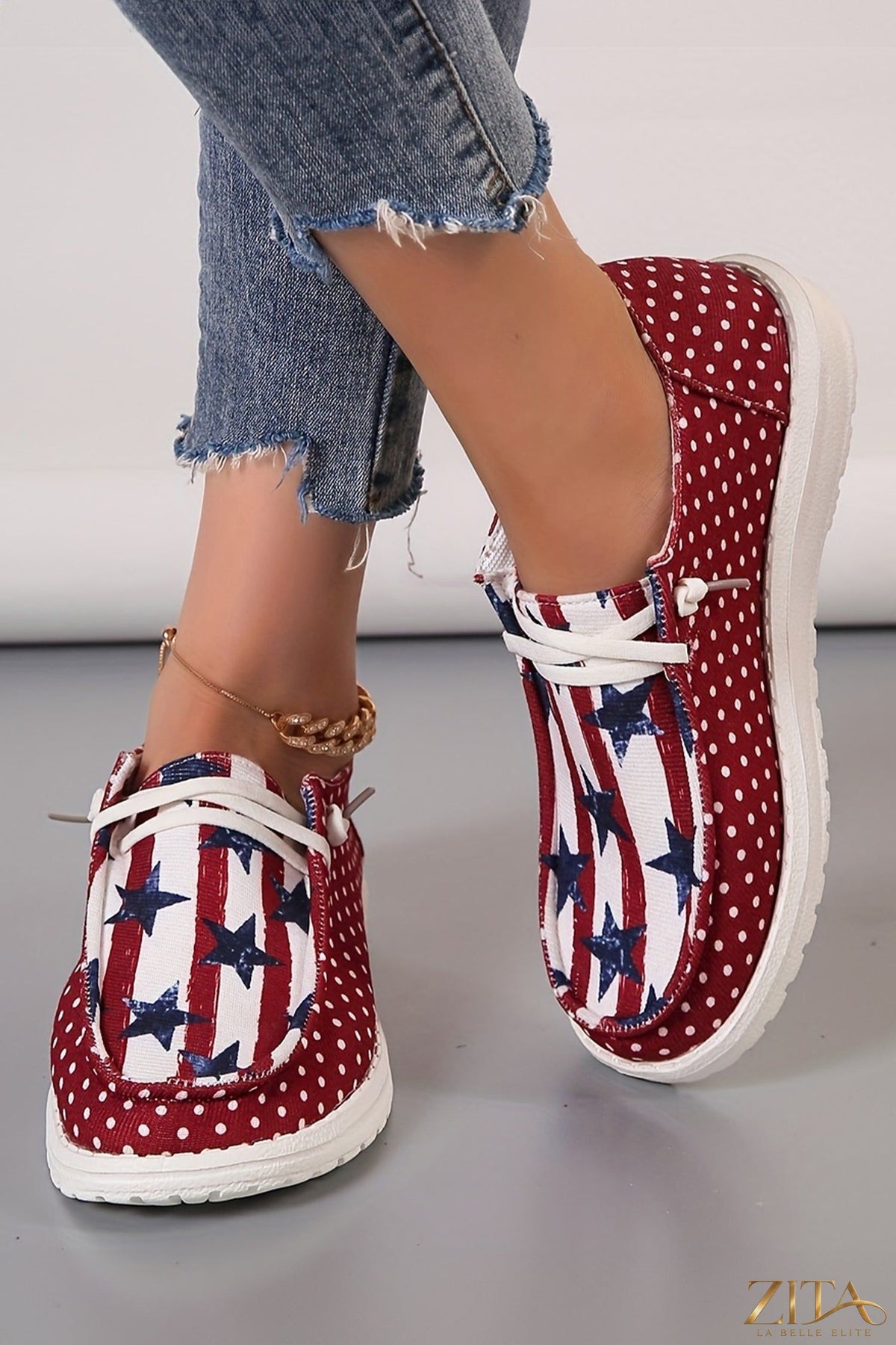 Zita La Belle Elite women's casual shoes featuring red polka dots, stars and stripes design for Independence Day celebration.