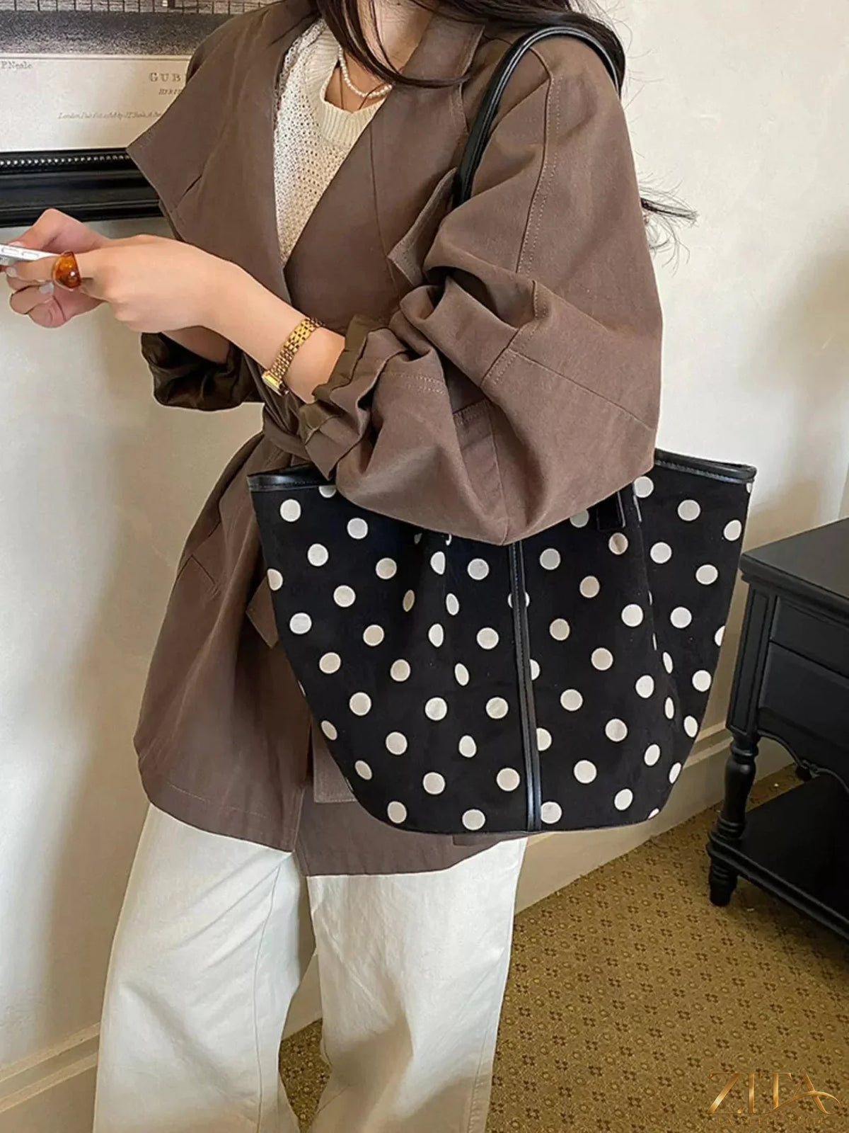 Zita La Belle Elite polka dot tote bag with black and white dots, large open top and sturdy handles for everyday use.