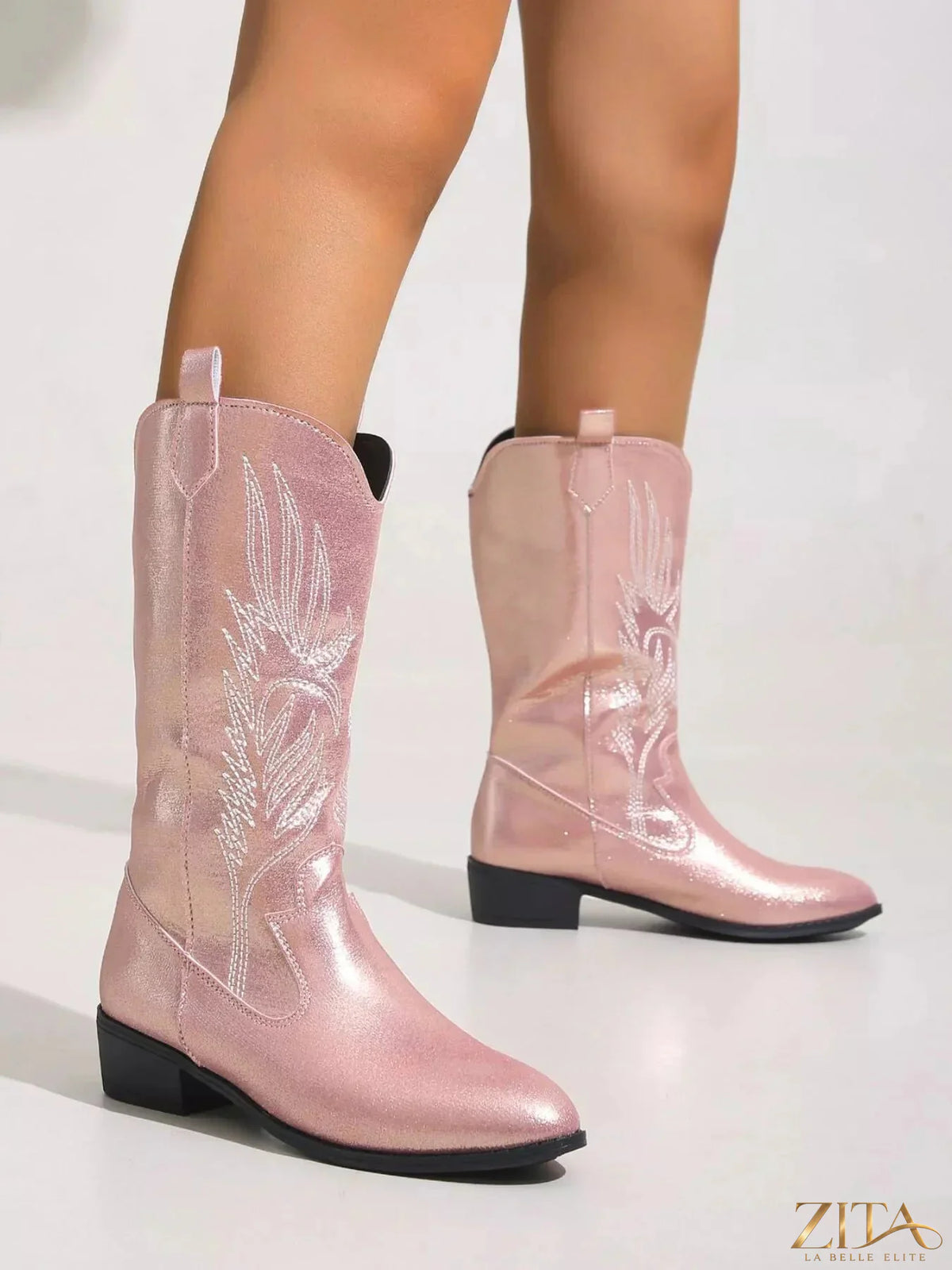 Zita La Belle Elite embroidered block heel boots with intricate stitching, pointed toe, and stylish ankle-high design.