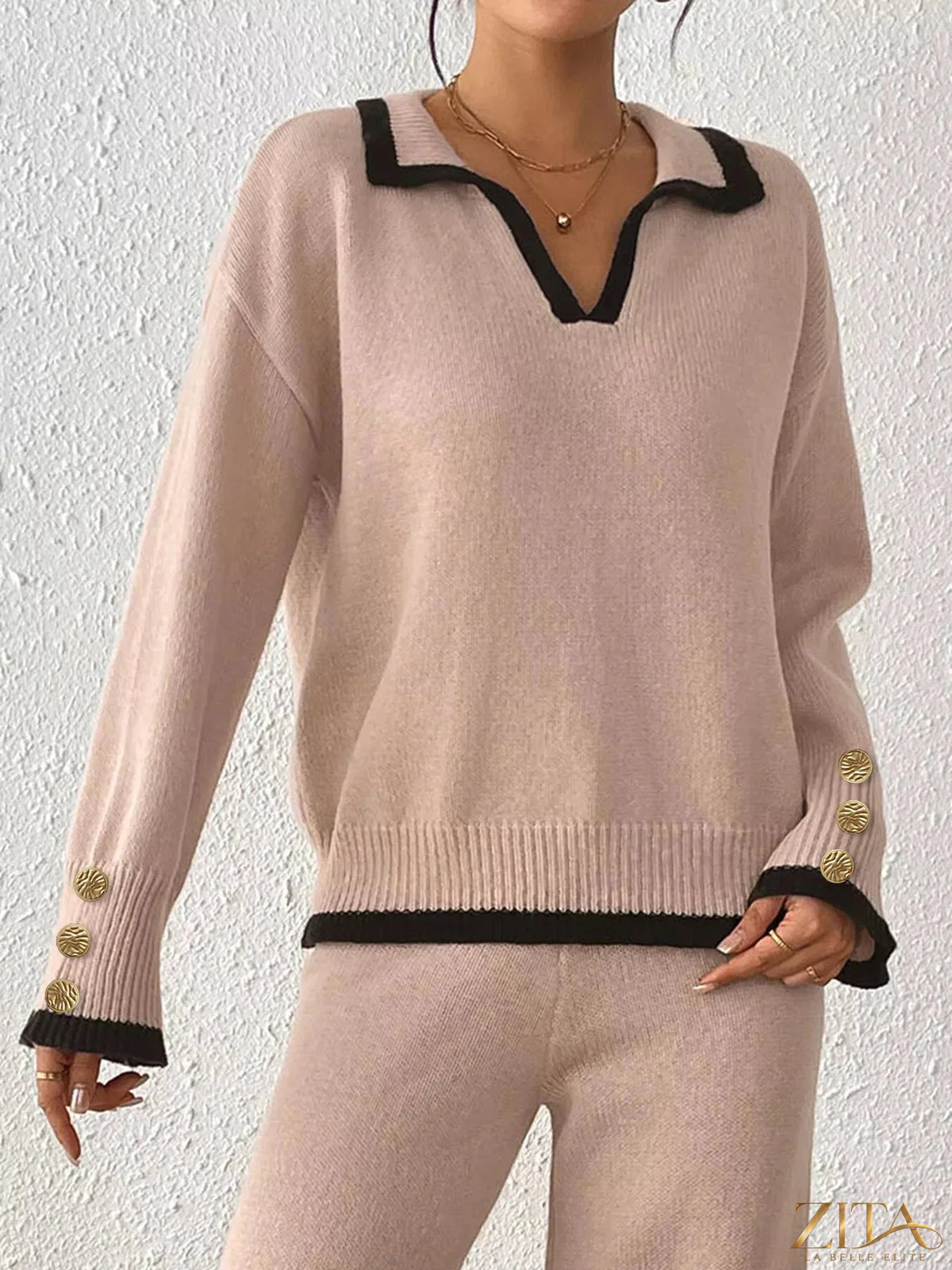 Zita La Belle Elite contrast trim polo collar sweater featuring a classic design and ribbed cuffs, shown in a close-up view.