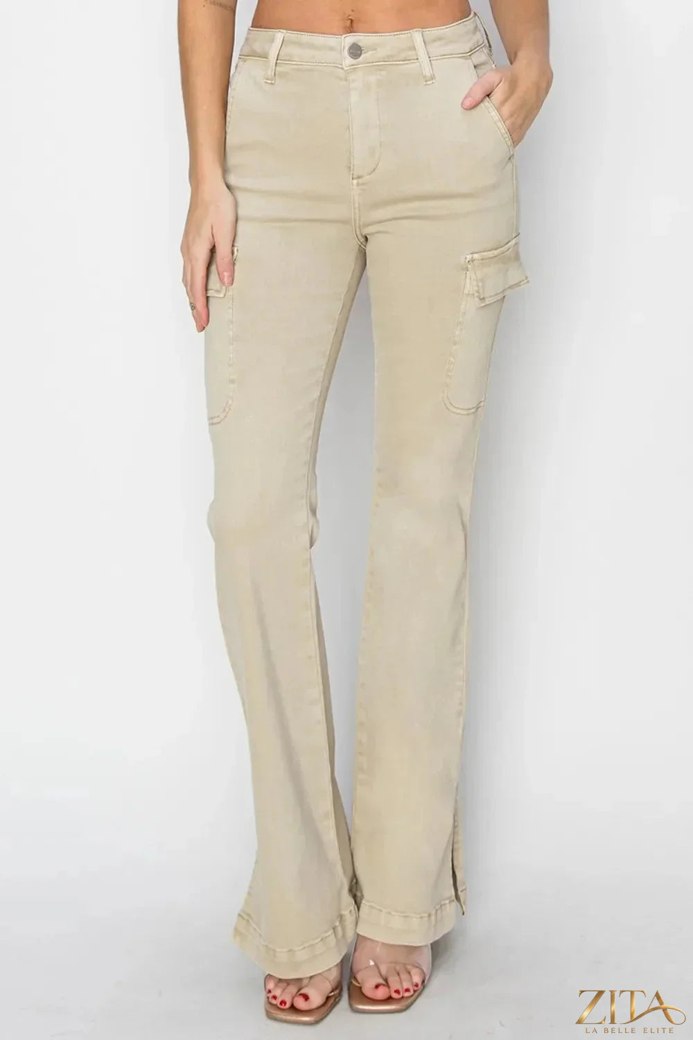 Zita La Belle Elite RISEN full size high rise side slit cargo bootcut jeans displayed on a model.