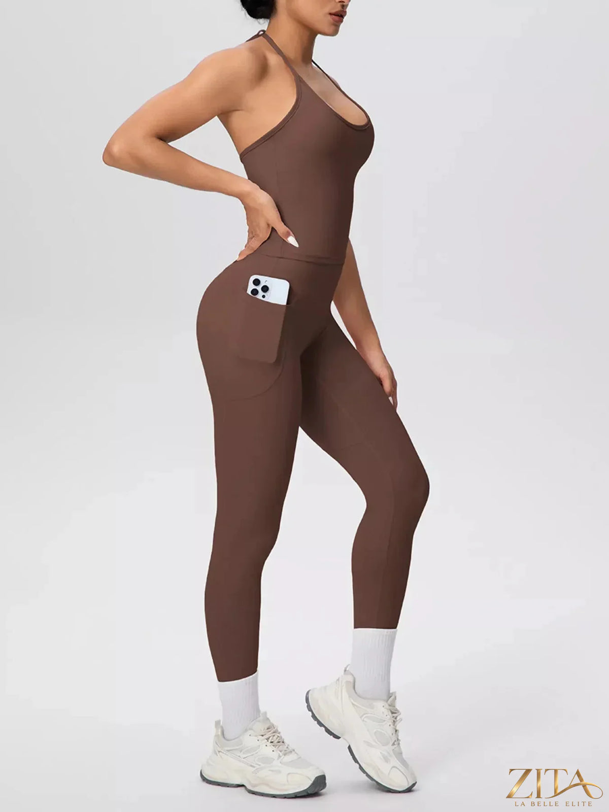 Zita La Belle Elite halter neck cami and high-waisted leggings active set, featuring a sleek black design and comfortable fit.