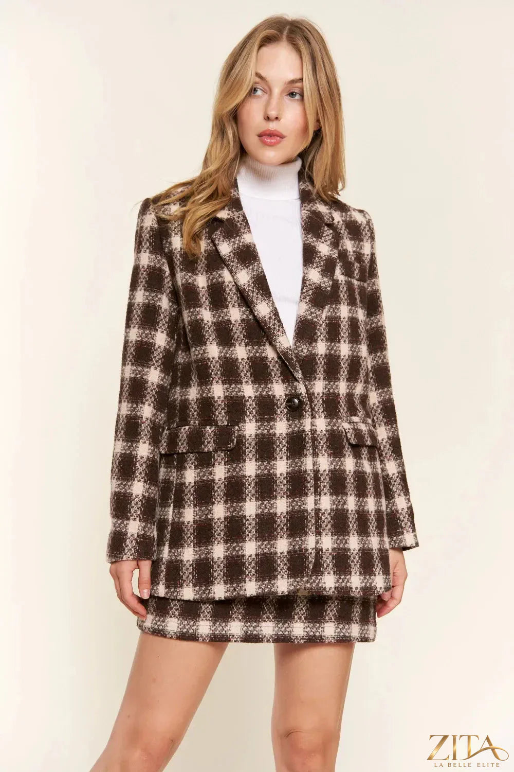 Zita La Belle Elite And The Why full size plaid brushed blazer with one button, showcasing tailored fit and classic plaid pattern.