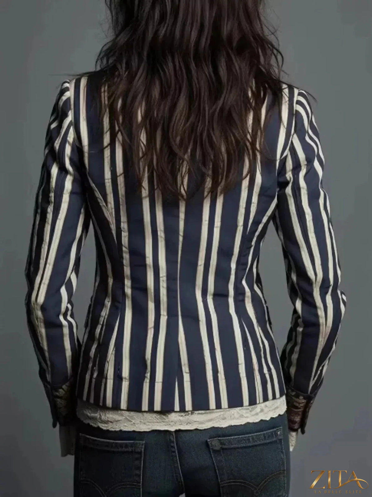 Zita La Belle Elite striped floral contrast slim fit blazer with tailored design and vibrant floral pattern on lapels and sleeves.